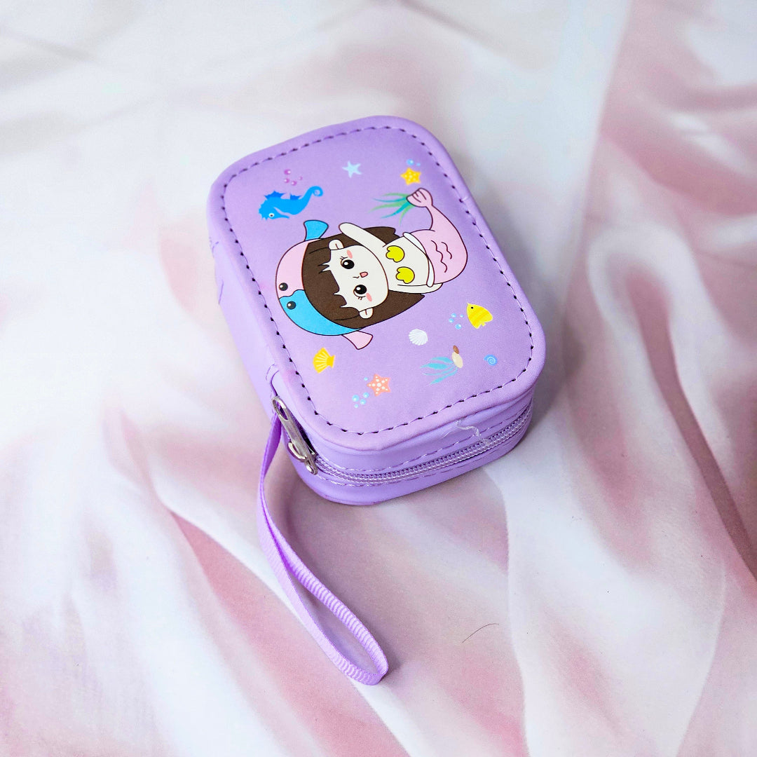Assorted cute cartoon small storage coin pouches for kids in pink and purple with animal characters. www.usmile.toys